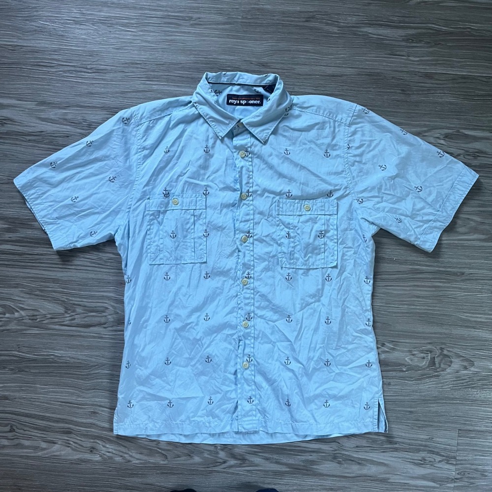 Reyn Spooner Mens Light Blue Anchor Print Short Sleeve Button Down Shirt Medium